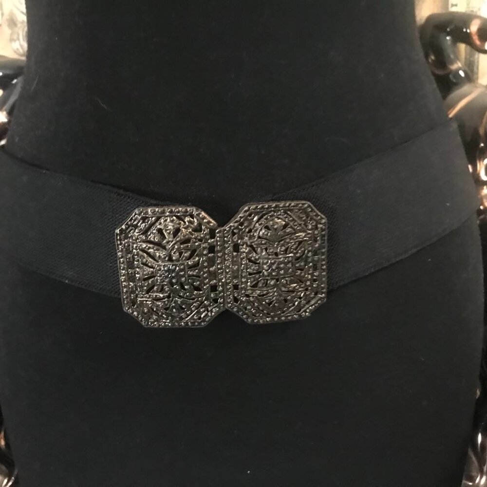 Stretchy Black Belt Bronze Belt Buckle 33" to 38"